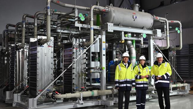 German President Frank-Walter Steinmeier (R), Gilles Le Van (L), CEO Air Liquide Germany and Project Manager Johanna Hess (C) stand at the Electrolyzer 'Trailblazer', which is expected to produce 2900 tons of hydrogen each year. Picture: Ina Fassbender/AFP