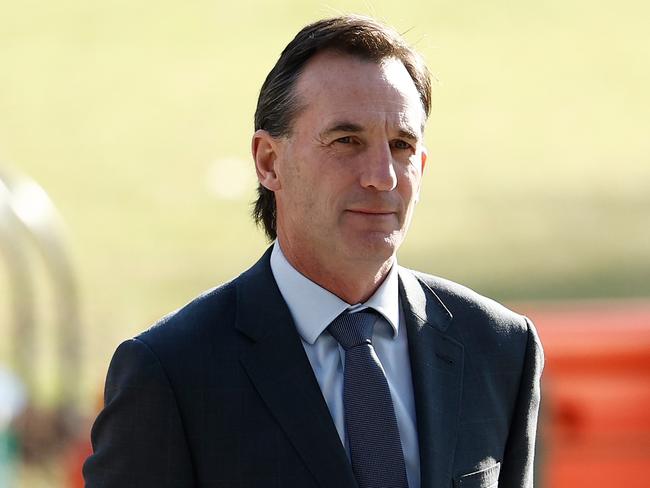 MELBOURNE, AUSTRALIA - MAY 22: Andrew Dillon, Chief Executive Officer of the AFL arrives during Robert Walls Funeral Service at the Melbourne Cricket Ground on May 22, 2025 in Melbourne, Australia. (Photo by Michael Willson/AFL Photos via Getty Images)