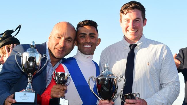 Tony Khoury, Bobby El-Issa and Ben Currie after Amanaat's win in the Weetwood at Toowoomba last year. 