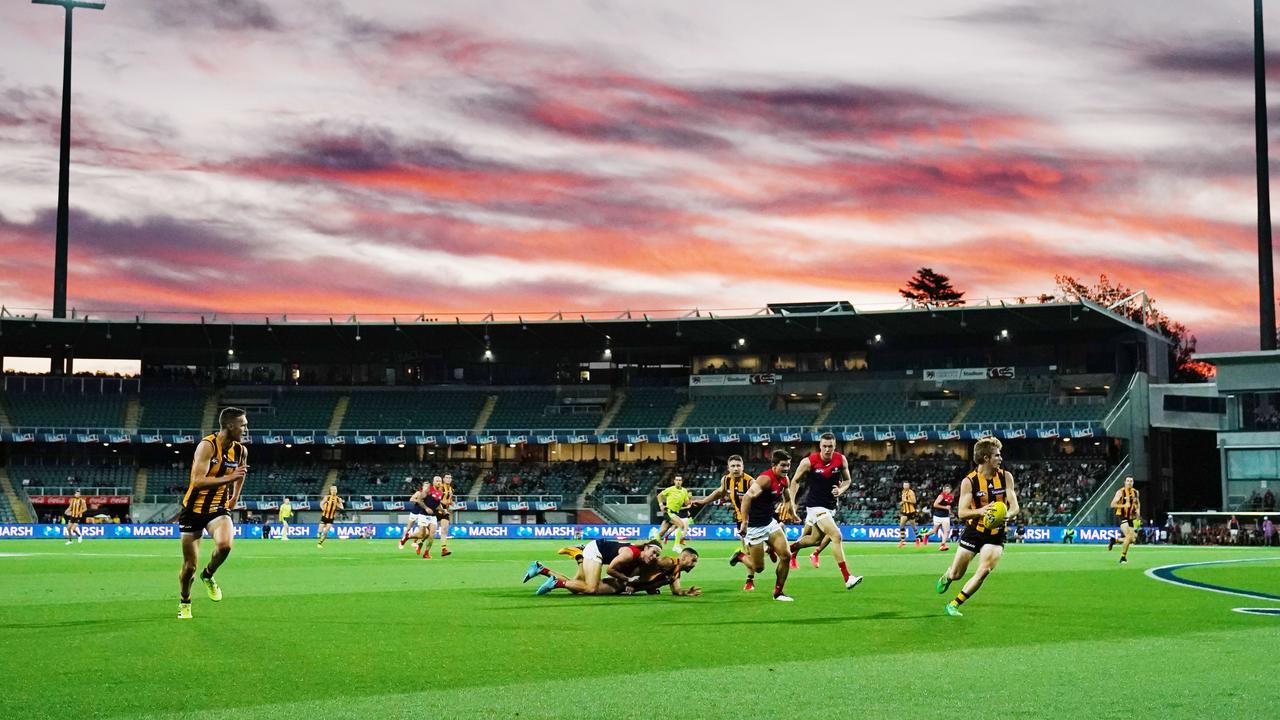 The Hawks and Demons playing at UTAS Stadium in Launceston at year. Picture: AAP/Michael Dodge