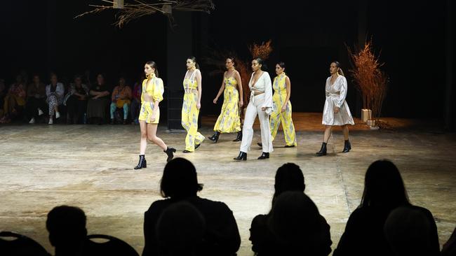 Models showcase the Guyu, Lemon and Rice collection from designers Simone Arnol and Holly McInnes at the Cairns Indigenous Art Fair fashion performance, Woven, held at the Tanks Arts Centre, Edge Hill. Picture: Brendan Radke