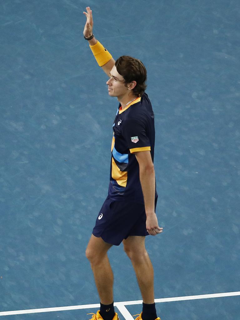 Alex de Minaur celebrates after winning his second round match against Pablo Cuevas. (Photo by Daniel Pockett/Getty Images)