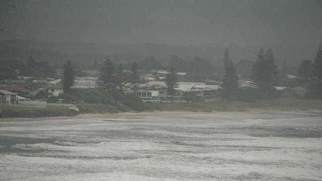 The bleak weather has already set in at Lennox Head before Cyclone Alfred’s arrival. Picture: Glenn Campbell