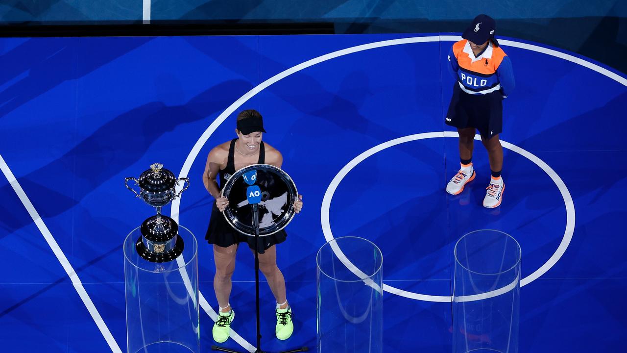 Danielle Collins during the trophy presentation. Photo by Mark Metcalfe/Getty Images