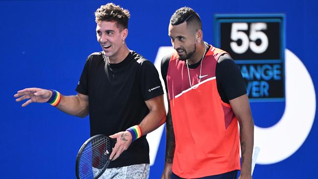 Thanasi Kokkinakis was in stitches after Nick Kyrgios’ Venus gag. Picture: Quinn Rooney/Getty Images