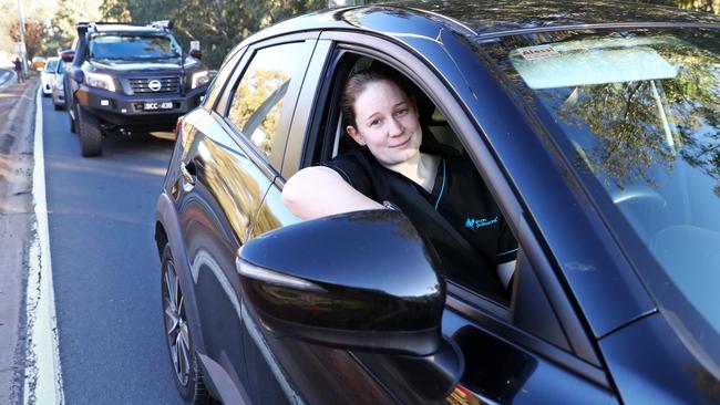 West Wodonga resident Jessica Roberts stuck in a two-and-a-half traffic jam. Picture: Aaron Francis