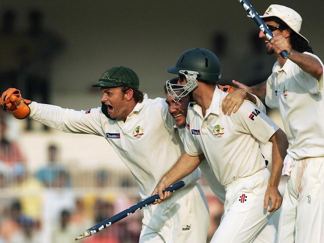 Australian players celebrate their 2004 series-winning victory in Nagpur.