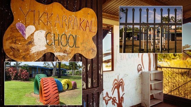 The schoolroom in Yikarrakkal, main, is in a state of disrepair, and the Angurugu School on Groote Eylandt, inset right, is less welcoming than the Alyangula School.