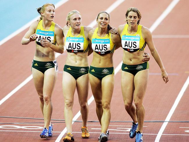 Australian women’s 4x100m team (from left) Crystal Attenborough, Sally McLellan, Melanie Woods and Lauren Hewitt after winning bronze at the Commonwealth Games in 2006.