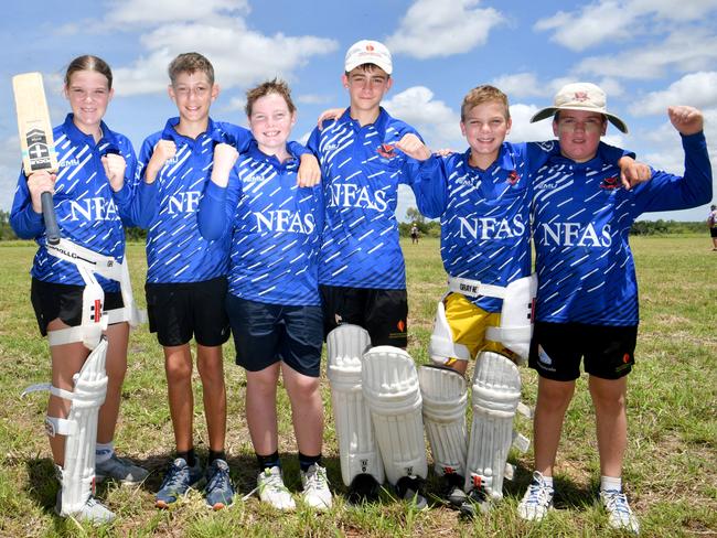 2023 Goldfield Ashes. Brooke Morrish, 14, Tommy Bennett, 12, Noah Drew, 11, Jaxon Caswell, 13, Lucas Morrish 11, and Sam Martin, 12, from Norths Father and Son. Picture: Evan Morgan