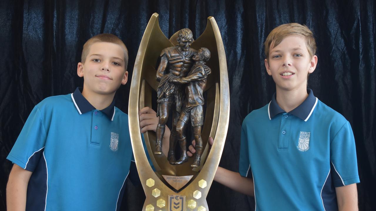 Tyson Hatfield (left) and Joe Phelan with the NRL Provan-Summons Trophy at Mercy College, Mackay, September 16, 2021. Picture: Matthew Forrest