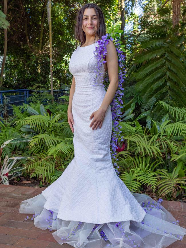 Lilli Vitagliano wears the Wisteria design by Skye Barlett for the Bloomin' Fabulous fashions event in the Bicentennial Conservatory. Picture: Ben Clark