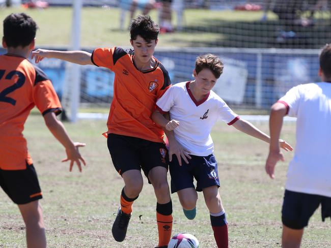 The Premier Invitational football tournament on the Gold Coast. TSS v Brisbane Roar under-13s in action. Picture: Mike Batterham.