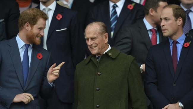 Prince Philip with grandsons Harry and William at Twickenham in 2015