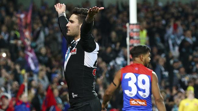 Chad Wingard celebrates a goal. Picture: Sarah Reed