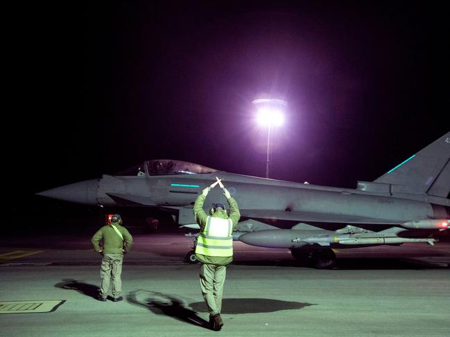 A picture released by the British Ministry of Defence shows the RAF Typhoon FGR4 aircraft preparing to take off to conduct further strikes against targets in Yemen. Picture: MOD / AFP