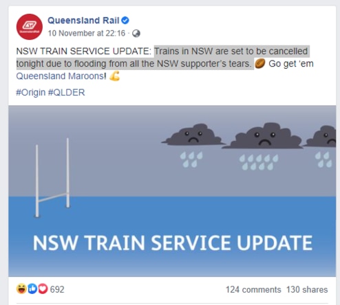 Queensland Rail kicked off proceedings with a tongue-in-cheek "service update." Picture: Facebook.