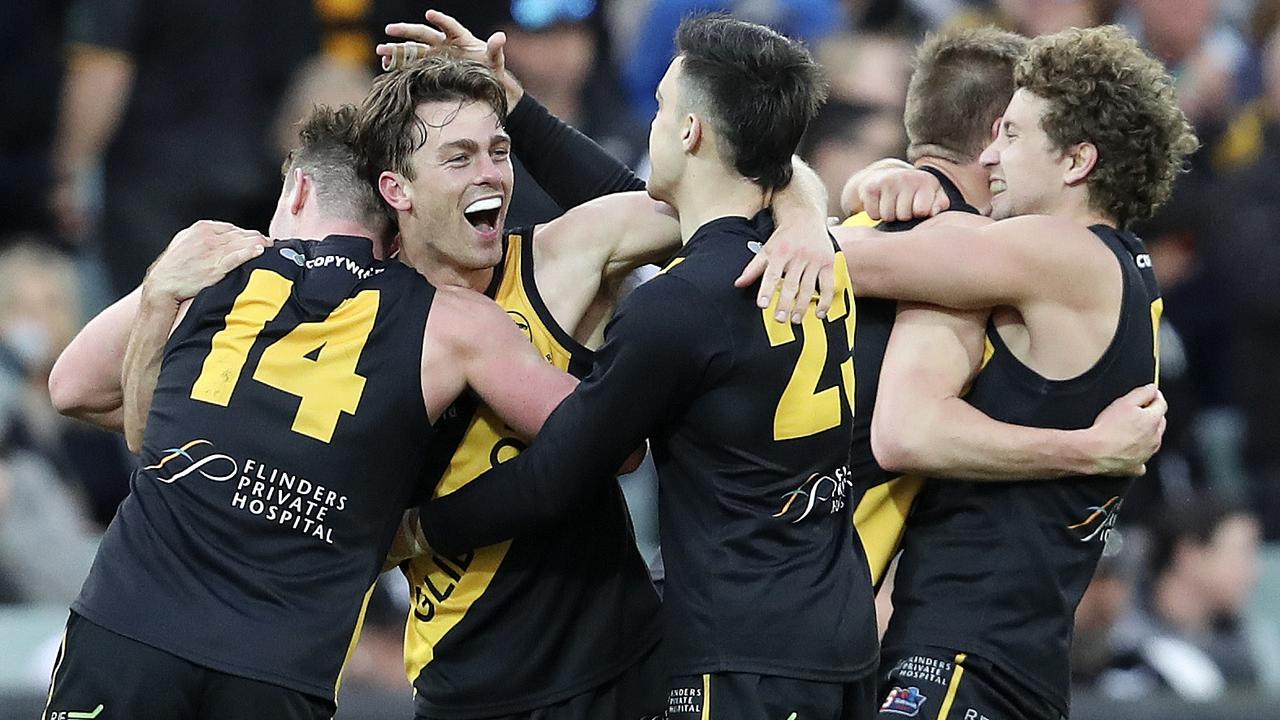 SANFL - GRAND FINAL  22/09/19 - Port Adelaide v Glenelg at Adelaide Oval. Glenelg celebrate the Premiership win on the siren. Luke Partington facing the camera Picture SARAH REED