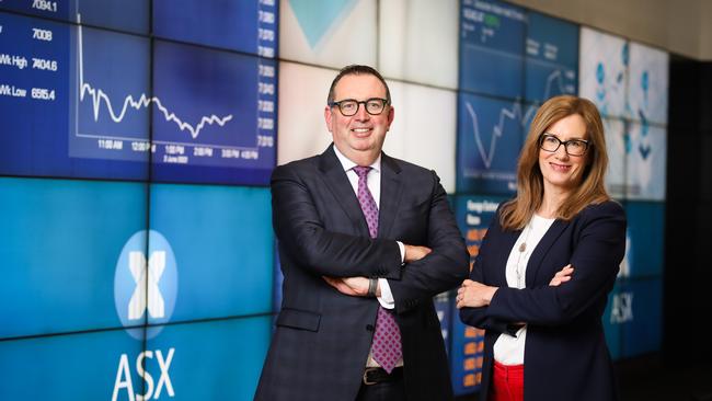 ASX’s outgoing chair, Damian Roche, and chief executive Helen Lofthouse.