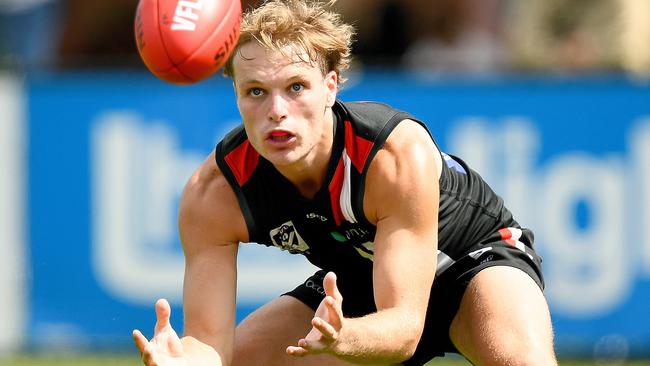 Tyson Milne of Frankston marks during the VFL Practice Match Carnival match against Northern Bullants at Kinetic Stadium. (Photo by Josh Chadwick/AFL Photos/via Getty Images)