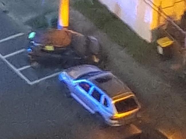 The stolen Porsche, which collided with a parked hire car, a Toyota Yaris, pushing it into a power pole at Welch St, Southport, on the evening of April 29, 2025. Picture: Facebook
