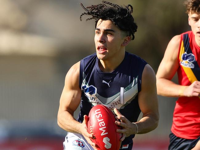 ADELAIDE, AUSTRALIA - June 30: Isaac Kako of Victoria Metro during the 2024 Marsh AFL Championships U18 Boys match between South Australia and Victoria Metro at Alberton Oval on June 30, 2024 in Adelaide, Australia. (Photo by Sarah Reed/AFL Photos via Getty Images)