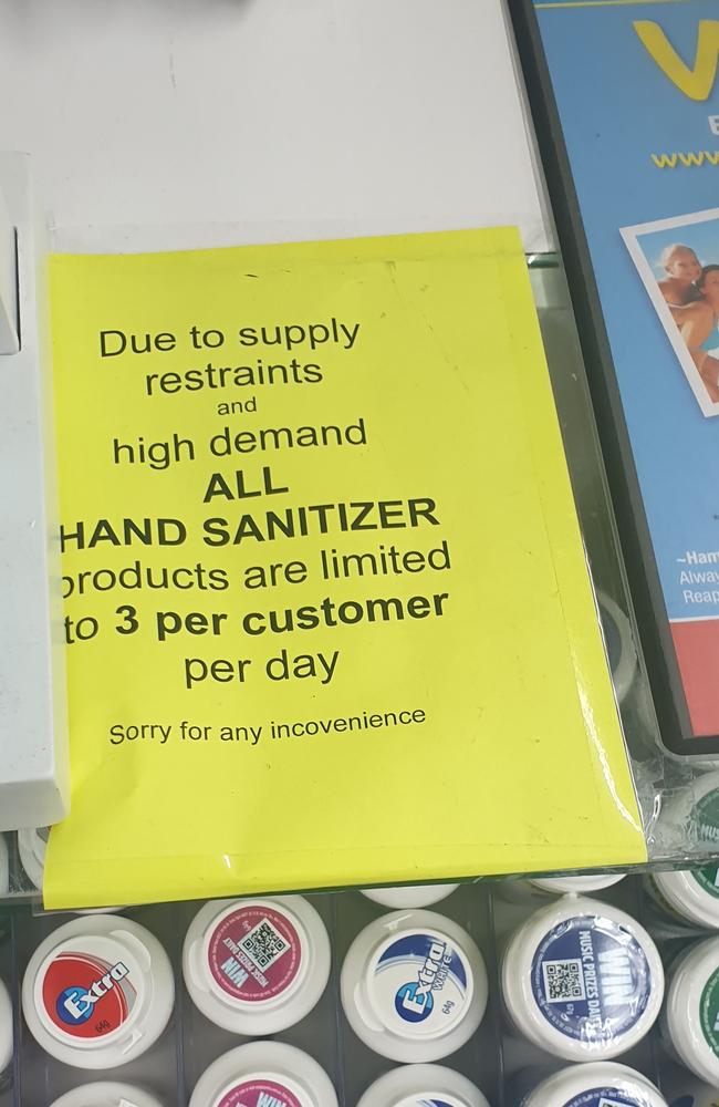 One store in Fortitude Valley has begun limiting the number of hand sanitiser products to three per customer. Picture: Thomas Morgan.