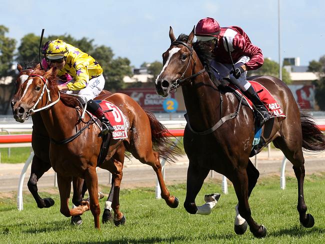 Glenn Colless riding Code Noir (right) to victory in Race 6 at the Gold Coast Turf Club, Gold Coast. Picture: Regi Varghese