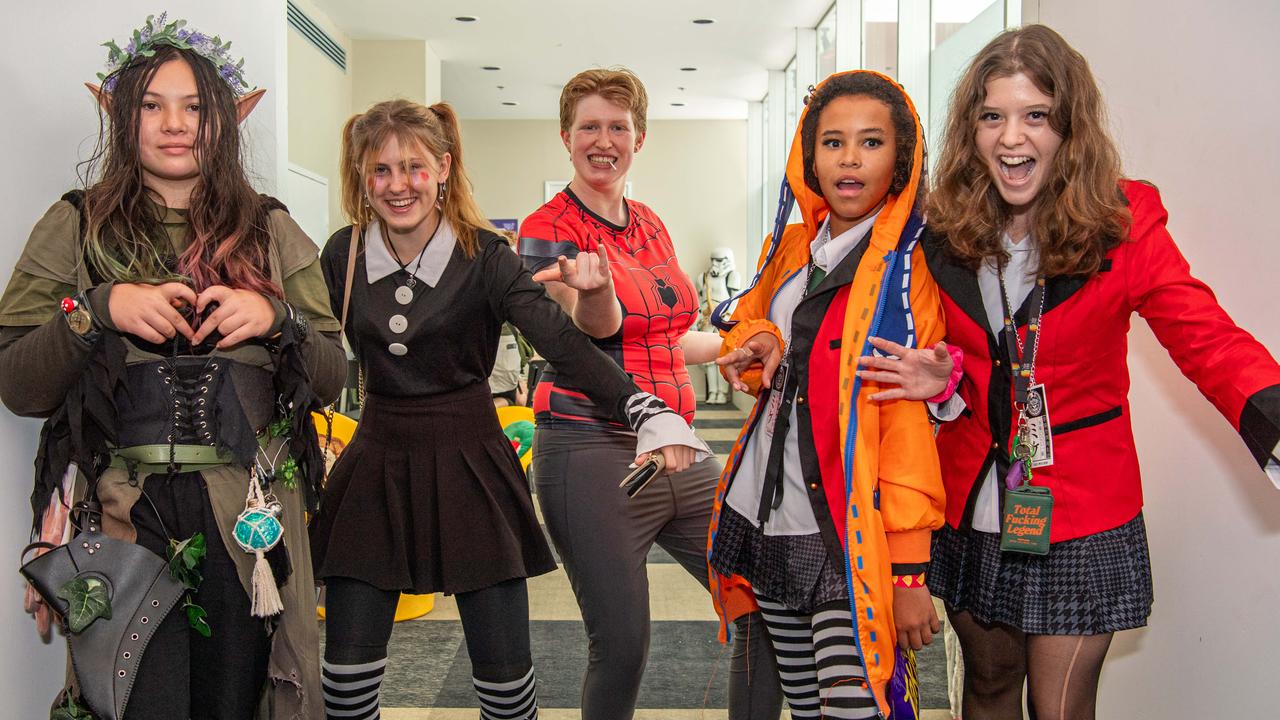 Niasisha Standford (HArla LARP), Peyton Cole (Fnaf Puppet), Jasmine Beriman (Spider person), Lara Mernagh (Rung), Natelie Willis (Yumeko) attended TROPiCON 2023 at the Darwin Entertainment Centre. Picture: Pema Tamang Pakhrin