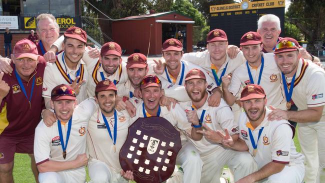 Tea Tree Gully celebrate last year’s grand final victory. Picture Simon Stanbury