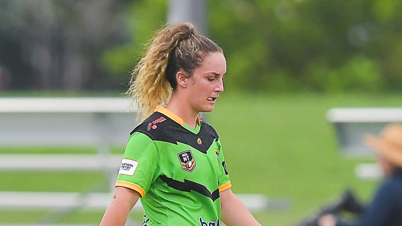 Palmerston Raiders’ vice-captain Kiara Hawkins pulled off a massive try to secure her side’s lead against Northern Sharks. Picture: Pema Tamang Pakhrin