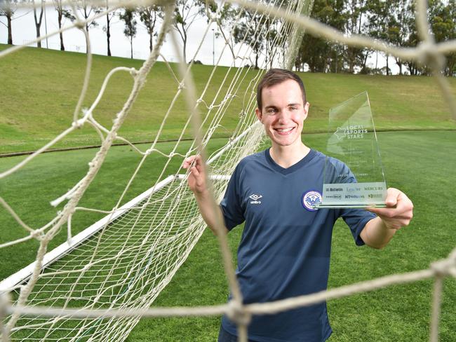 Jacob Trzecinski at Macquarie Park on Wednesday November 14th. Jacob Trzecinski has been awarded the National Young Sporting Spirit award for 2018. At age 15, Jacob was diagnosed with brain cancer in 2016. After surgery, radiation and chemotherapy, Jacob resumed his passion for football earning a place on Manly UnitedÕs under-16 team in the NSW Premier League. He caught the attention of mining magnate and philanthropist Andrew ÒTwiggyÓ Forrest and raised over $300,000 for the Cure Brain Cancer Foundation and continues to be an advocate for brain cancer awareness. (AAP IMAGE / Troy Snook)