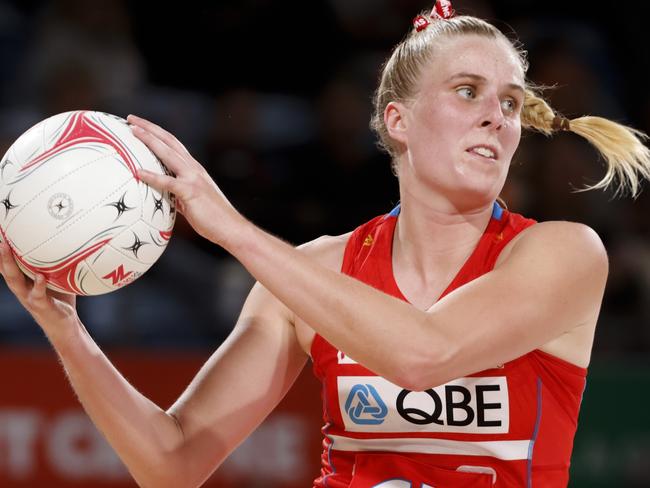 SYDNEY, AUSTRALIA - APRIL 29: Maddy Turner of the Swifts looks to pass during the round seven Super Netball match between Giants Netball and NSW Swifts at Ken Rosewall Arena, on April 29, 2023, in Sydney, Australia. (Photo by Jenny Evans/Getty Images)