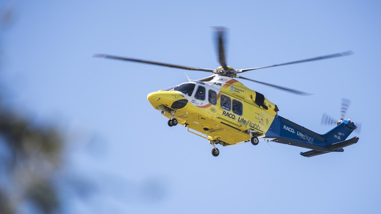 The RACQ LifeFlight rescue helicopter flew the toddler to the Queensland Children’s Hospital at 2pm on Sunday. Picture: Kevin Farmer