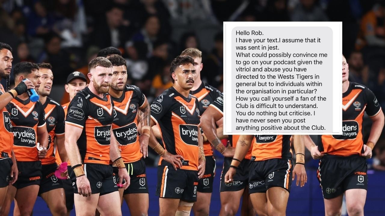 The Wests Tigers and the text from chairman Lee Hagipantelis. Photo: Max King, Getty and Twitter, @BecharaRob.