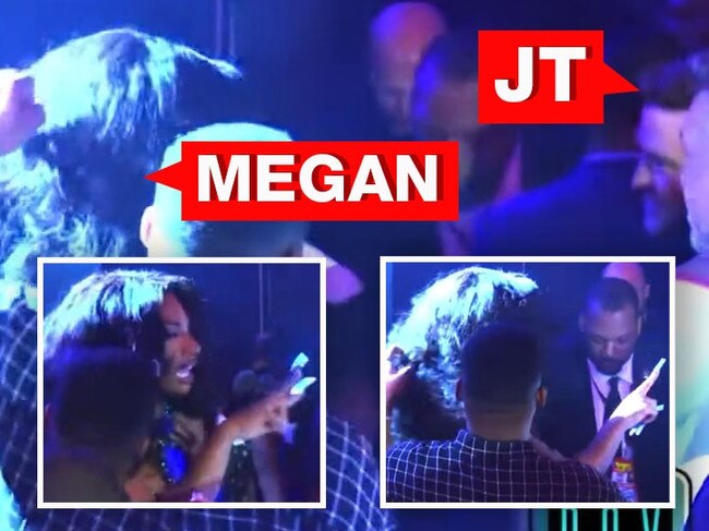 Megan Thee Stallion has a heated exchange with NSYNC backstage (Justin Timberlake seen on the right) at the 2023 MTV VMAS. Picture: MTV