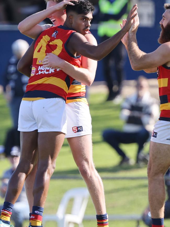 Crow Tariek Newchurch celebrates one of his four goals against South Adelaide. Picture: SANFL Image/David Mariuz