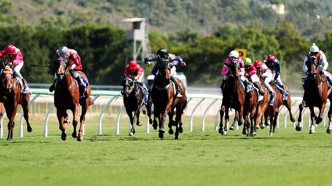 Race 4; Maiden Handicap 1300m at Cluden Park. Eightfa (second from right)  takes the win, Jockey Frank Edwards and Trainer Alby Molino . Picture: Alix Sweeney