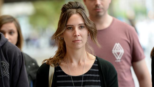 Kieran Hayward’s widow, Dee Hayward, leaving the District Court after reading her victim impact statement. Picture: Greg Higgs