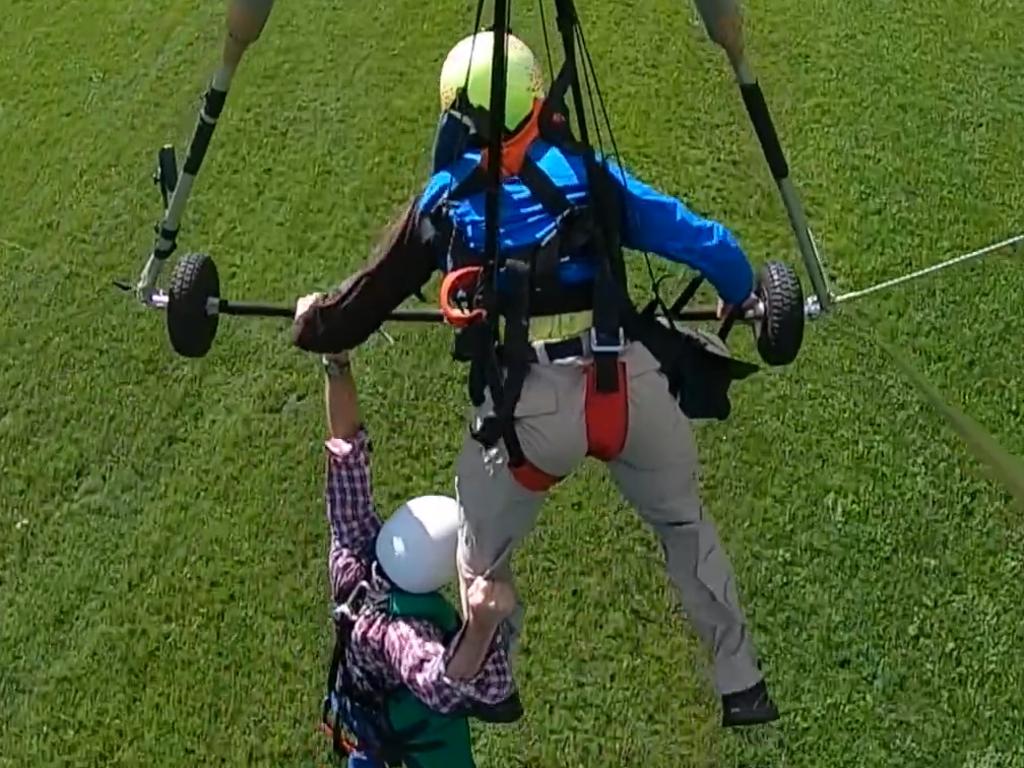 It was a rough landing, but Chris said he’d try hang gliding again. Picture: Youtube/Gursk3