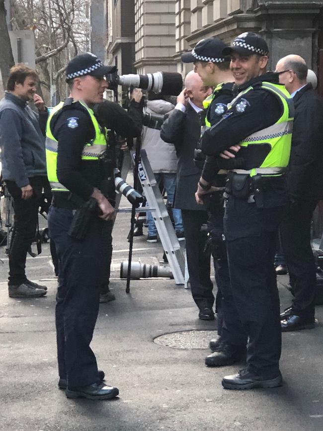 There’s a heavy police presence outside court in Melbourne. Picture: Tessa Akerman