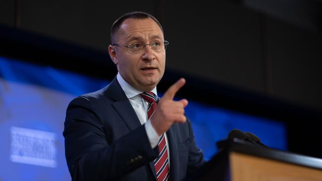 CANBERRA, AUSTRALIA - NewsWire Photos FEBRUARY 24, 2023: An emotional Ambassador of Ukraine to Australia & New Zealand, H.E. Vasyl Myroshnychenko, during his address to the National Press Club of Australia, in Canberra.Picture: NCA NewsWire / Gary Ramage
