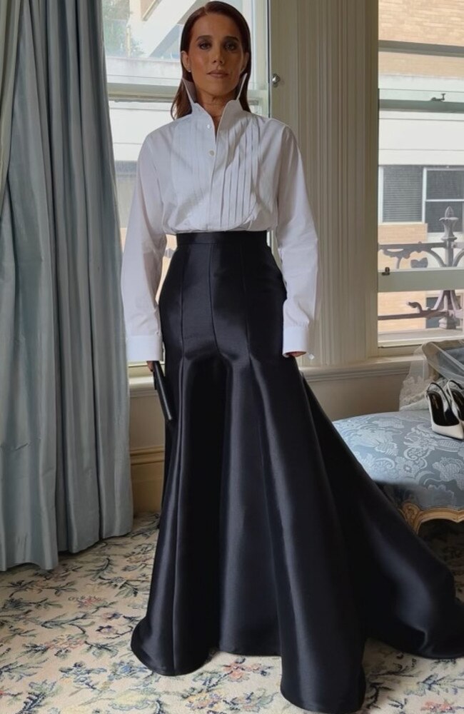 McLeod’s stiff upturned collared tailored shirt, paired with a dramatic long black skirt. Picture: Jag Creative Studio