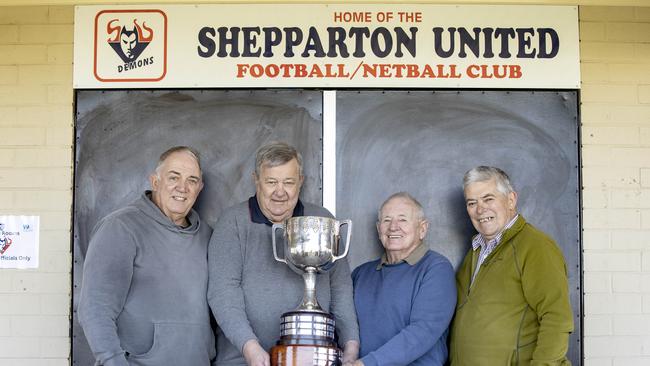 Shepparton United 1974 players, from left, Des Campbell, John Hueston, Ross McKellar and Garry Brennan. Picture: Zoe Phillips