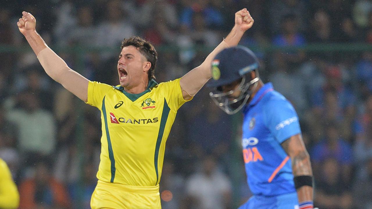 Marcus Stoinis celebrates the wicket of Virat Kohli as Australia trumped India 3-2.