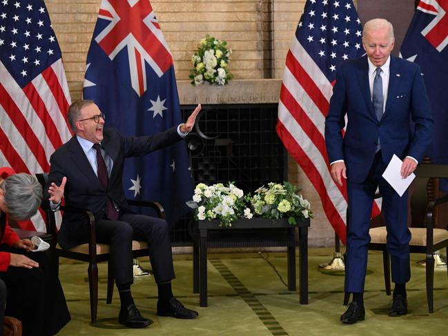 Joe Biden and Anthony Albanese meet during the Quad Leaders Summit at Kantei, Tokyo, hours before a China-Russia ‘provocation’. Picture: AFP.