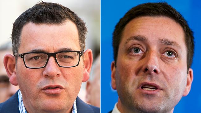 A comparison diptych generated on Wednesday, October 24, 2018, shows (left) Victorian Premier Daniel Andrews during a press conference in Footscray, Melbourne, Sunday, October 7, 2018. (right) Victorian Liberal leader Matthew Guy speaks to the media at Parliament House in Melbourne, Thursday, August 2, 2018. (AAP Image/Ellen Smith, Alex Murray) NO ARCHIVING