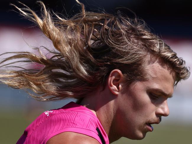 Smith’s famous locks fly at a training session in Perth before the grand final. Picture: Michael Klein