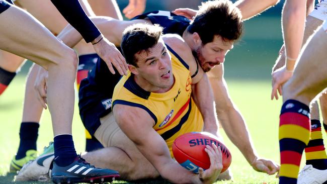 Finding form ... Brad Crouch of the Crows wins the ball in a pack against Carlton. Picture: Joe Castro (AAP)