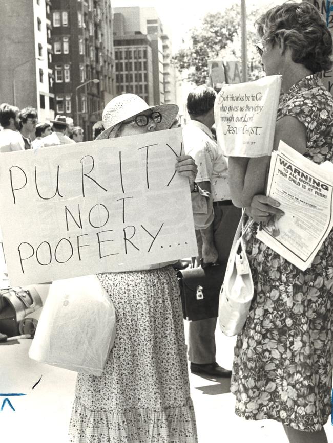 A anti-gay protest in 1982 outside Parliament House in Sydney. Picture Steve Moorhouse.